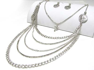 Cross and coin accent multi layer chain long necklace earring set