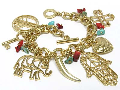 Elephant and multi charm toggle bracelet