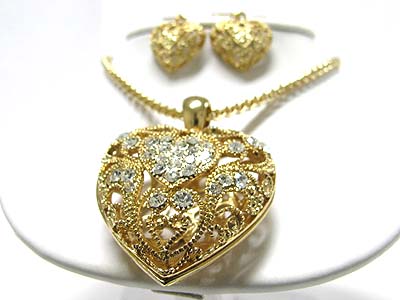 Crystal stud metal filigree puffy heart pendant earring set