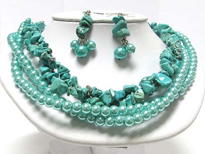 Turquoise stone and glass pearl multi strand necklace earring set