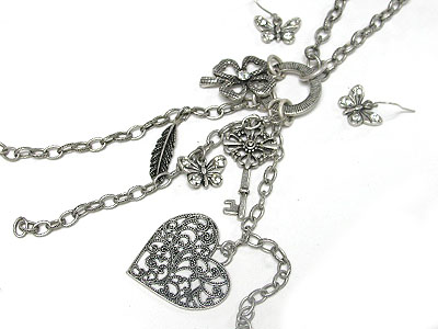 European style flower heart charm and tassel drop long necklace and earring set