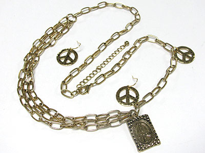 Peace theme hanging double strand chain long necklace and earring set