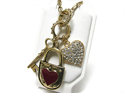 Key lock and crystal heart charm dangle long necklace