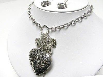 Metal filigree multi puffy heart dangle necklace and earring set