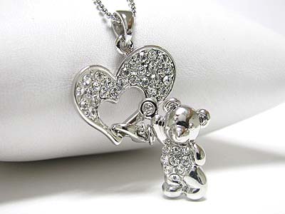 Made in korea whitegold plating crystal heart and bear dangle pendant necklace