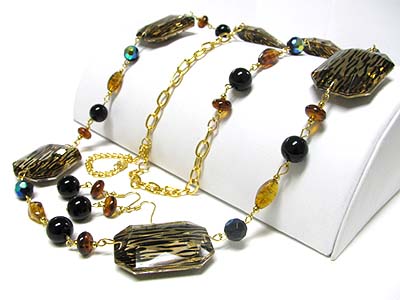 Animal pattern ball and stone long neckalce earring set