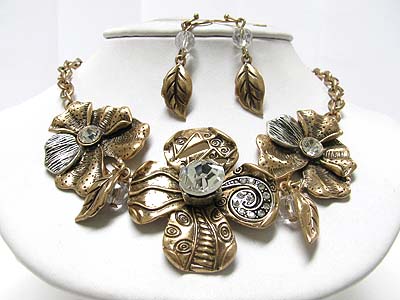 Crystal accent multi metal flower necklace earring set