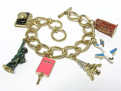 World travel theme miniature charm dangle toggle bracelet