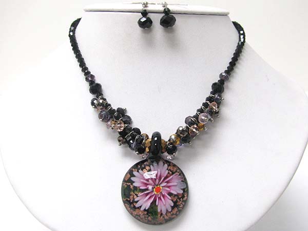 Murano round pendant crystal cut glass beads necklace earring set