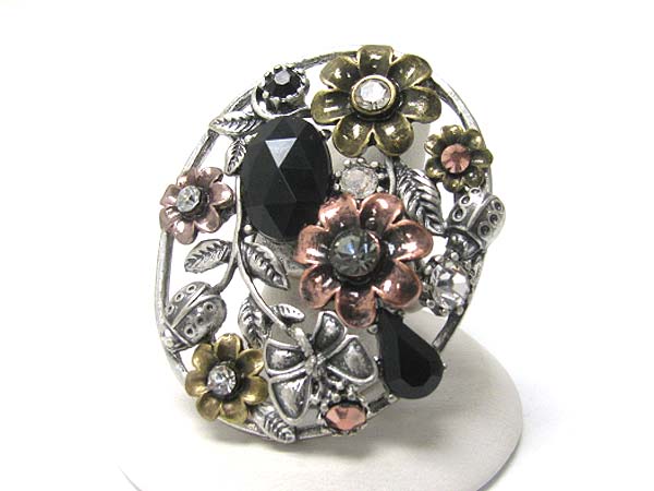 Crystal stud flower metal art work stretch ring