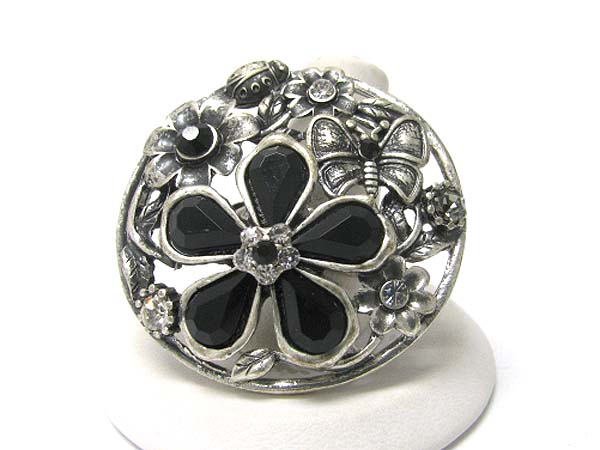 Crystal stud flower metal art work stretch ring