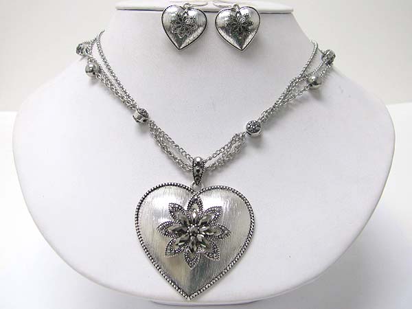 Marcasite look metal filigree heart pendant crystal ball joint necklace earring set