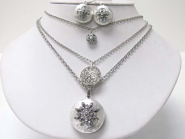 Tri layer marcasite look metal filigree round pendant necklace earring set