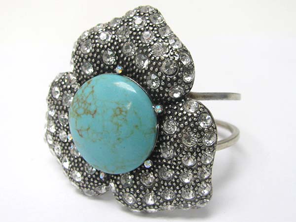 Natural stone and crystal deco metal flower top hinge bangle