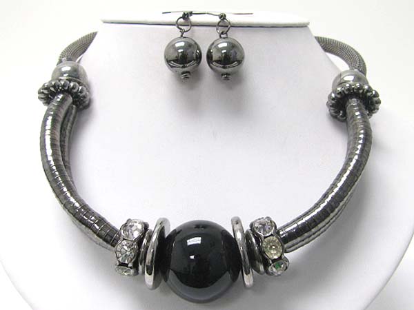 Chunky style large ball and crystal thick snake chain necklace earring set