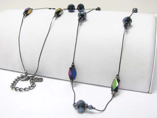 Facet glass stone link long necklace earrign set