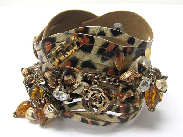 Multi charm dangle leopard pattern leqather wrist band