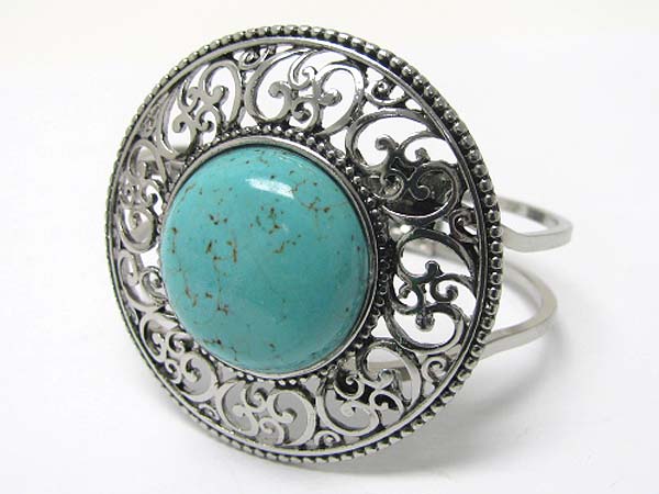 Large natural stone filigree metal hinge bangle