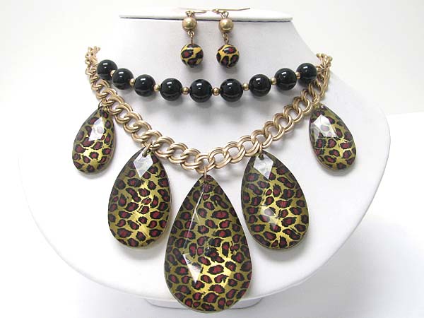 Leopard pattern back chunky terardrop necklace earring set