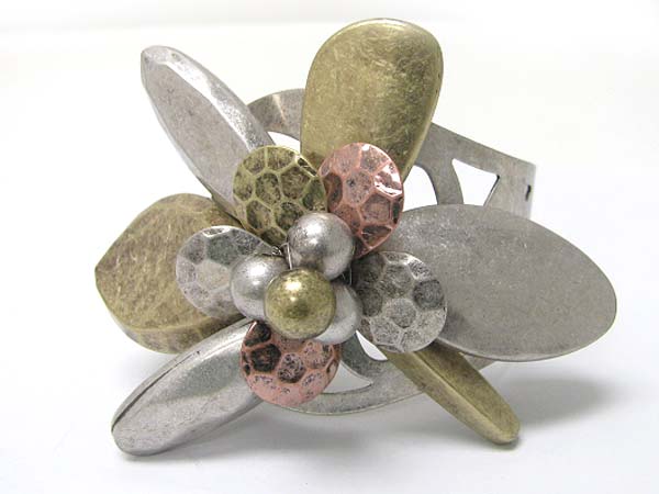 Burnish metal flower top cuff bangle