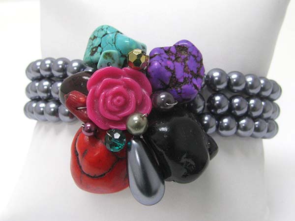 Mixed natural stone and beads flower top pearl beads stretch bracelet