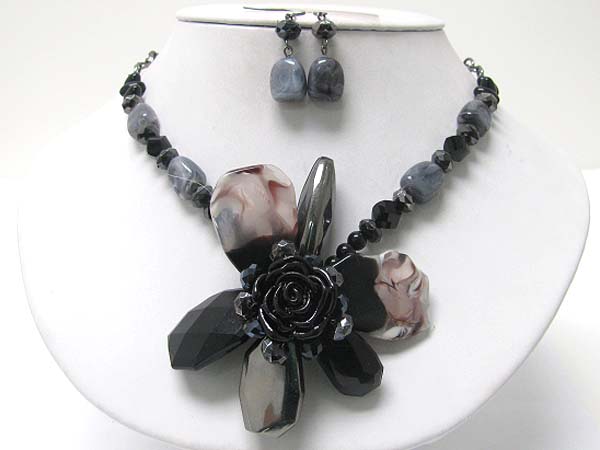 Agate and mixed natural stone flower pendant necklace earring set 