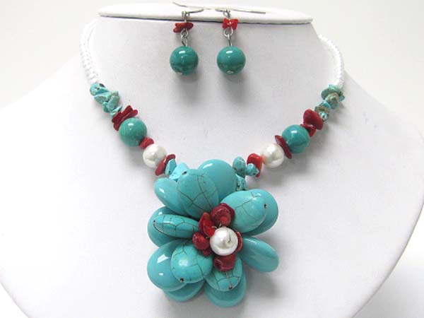 Turquoise stone cluster flower pendant necklace earring set 