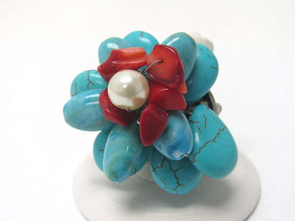 Turquoise and coral stone cluster flower stretch ring