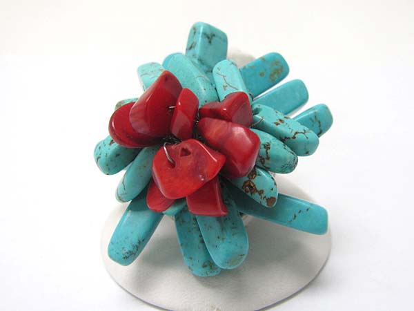 Turquoise and coral stone cluster flower stretch ring