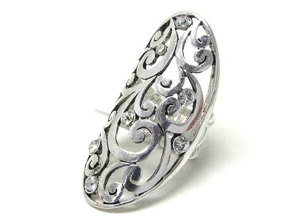 Crystal deco and metal filigree curved knuckle stretch ring