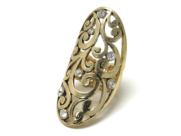 Crystal deco and metal filigree curved knuckle stretch ring