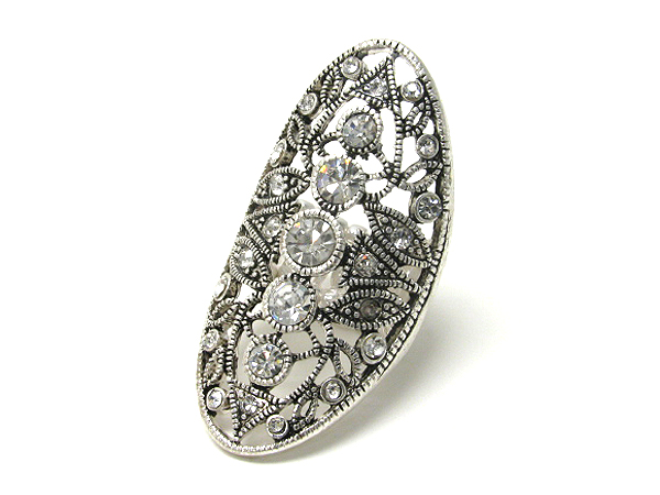 Crystal deco and metal filigree curved knuckle stretch ring