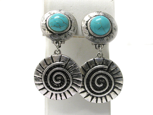 Metal casting and turquoise deco clip earrings