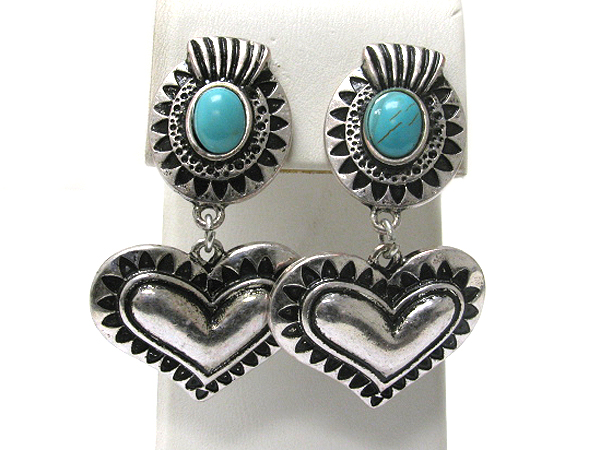 Metal casting and turquoise deco heart clip earrings