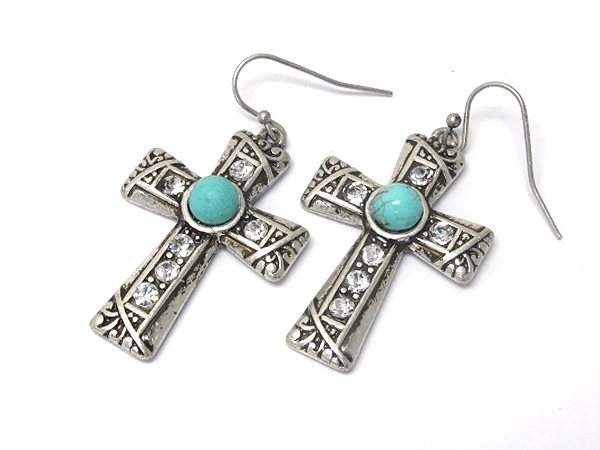 Crystal and turquoise deco cross earrings