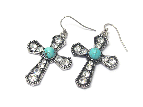 Crystal and turquoise deco cross earrings