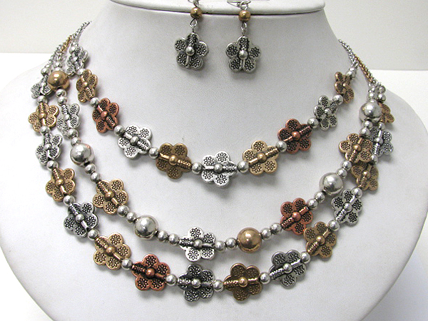 Triple layered metal flower link necklace earring set