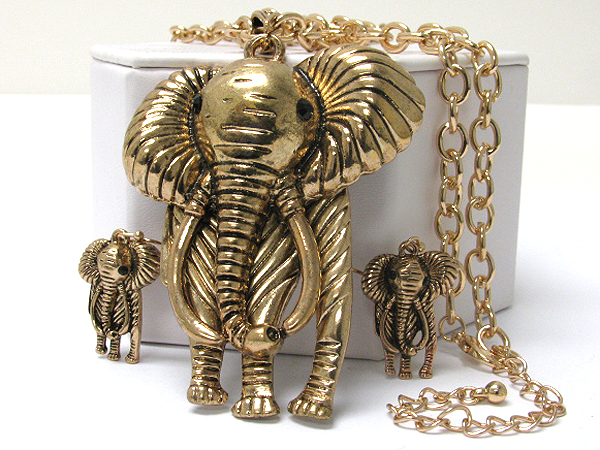 Large metal elephant pendant long necklace earring set