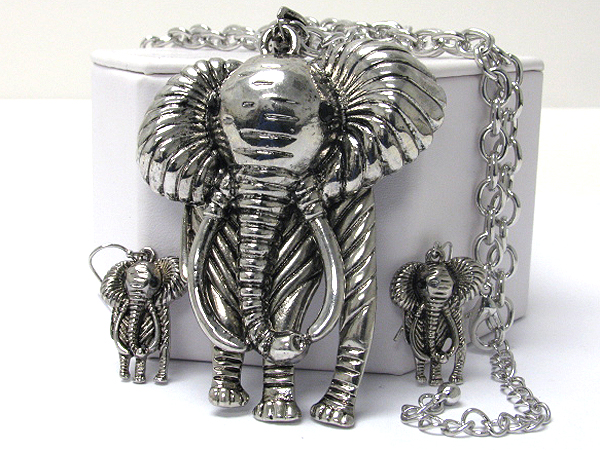 Large metal elephant pendant long necklace earring set