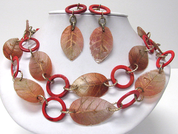 Film art leaves and wood hoop link necklace earring set - hoops