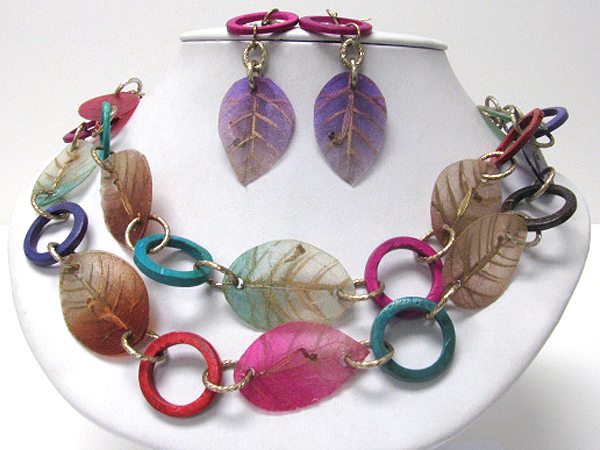 Film art leaves and wood hoop link necklace earring set - hoops