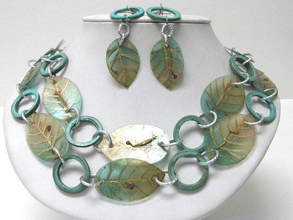 Film art leaves and wood hoop link necklace earring set - hoops