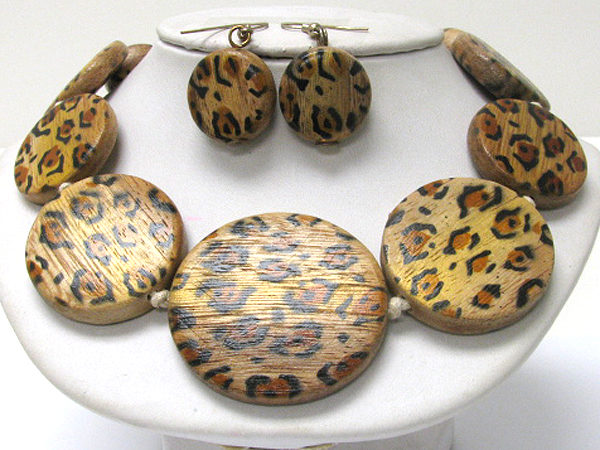 Eco friendly animal print wood disk link necklace earring set