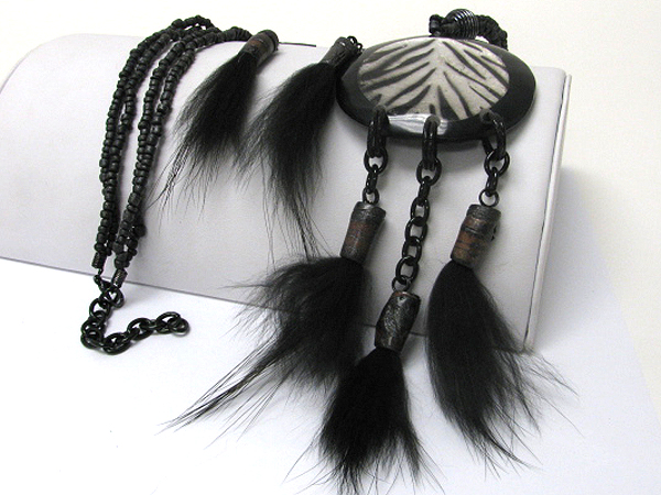 Animal print round pendant and wood and feather dangle multi beads long necklace earring set