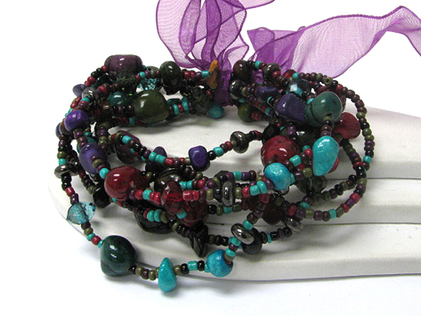 Multi row natural chip stone and glass seed beads ribbon tied stretch bracelet