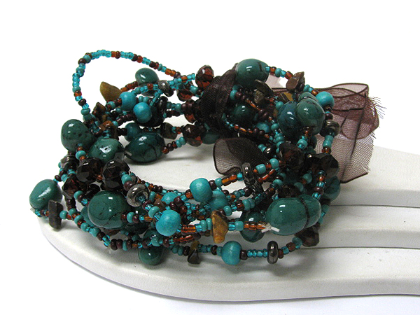 Multi row natural chip stone and glass seed beads ribbon tied stretch bracelet