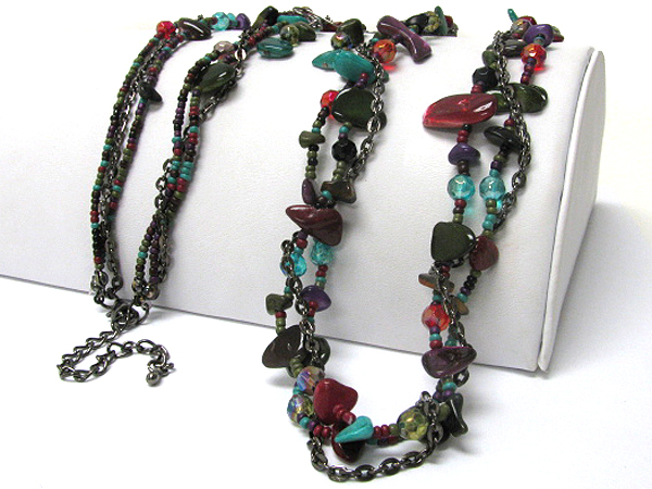 Multi row natural chip stone and glass seed beads long necklace earring set