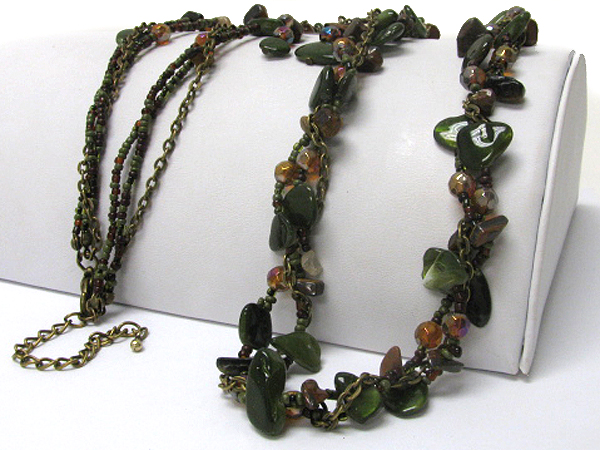 Multi row natural chip stone and glass seed beads long necklace earring set