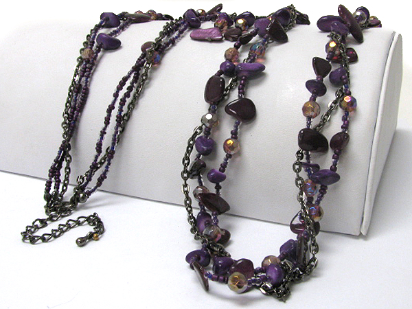 Multi row natural chip stone and glass seed beads long necklace earring set