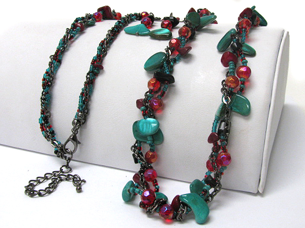 Multi row natural chip stone and glass seed beads long necklace earring set